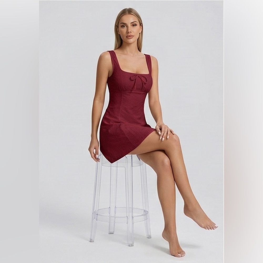 Square Neck  Eyelet  A-Line Sun Dress Burgundy - Picture 4 of 10